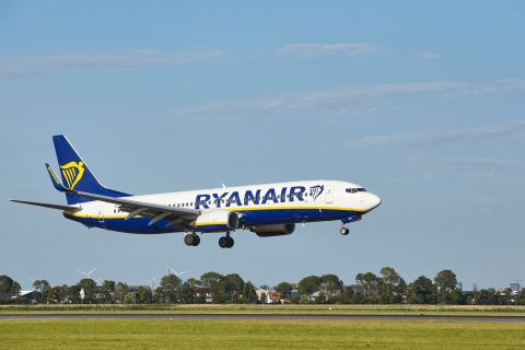 Amsterdam, The Netherlands - July, 24, 2022. The Boeing 737-8AS of Ryanair with the identification EI-DPP lands at Amsterdam Airport Schiphol (The Netherlands, AMS, runway Polderbaan) on July 24, 2022.