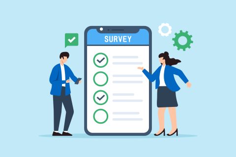 Flat illustration of man and woman using smartphone to fill in online survey checklist symbolizing internet feedback