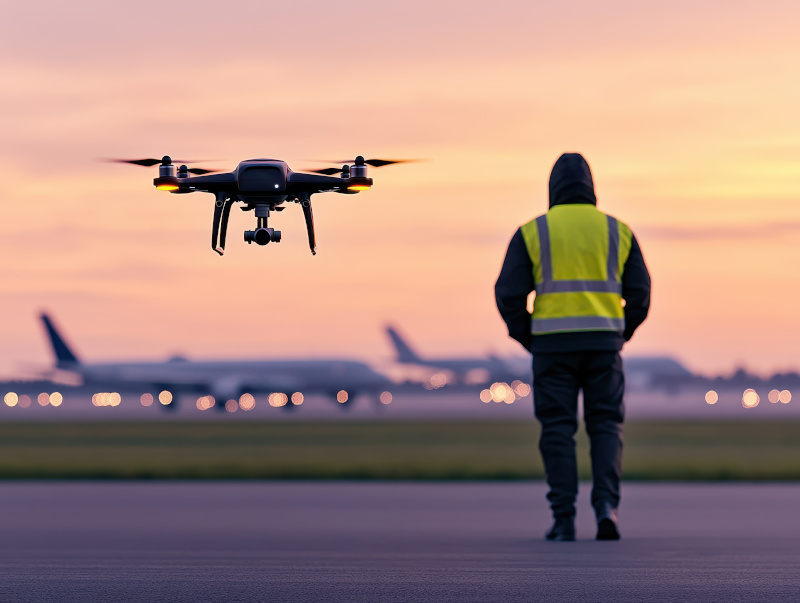 Drone operator at sunrise