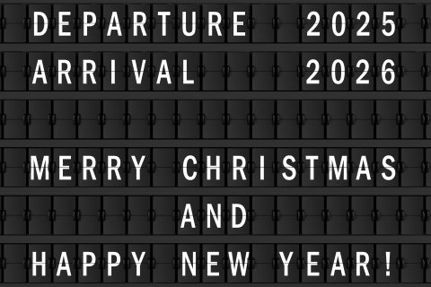 Airport Announcement Flip Mechanical Timetable with Hapy Merry Christmas and Happy New 2026 Year Sign extreme closeup. 3d Rendering